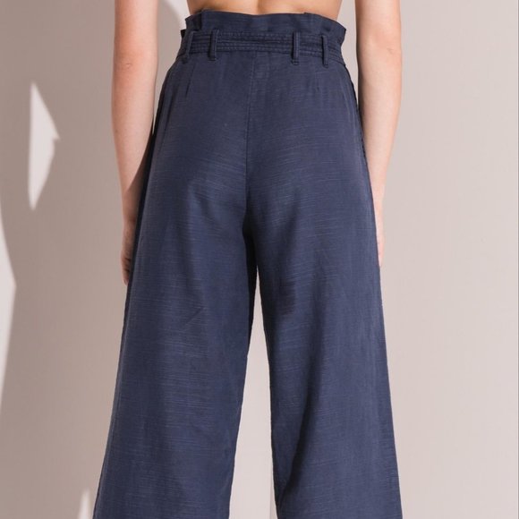 NWT RAG POETS LINEN BLEND DARK BLUE CROPPED PAPERBAG PANTS WIDE LEG EASY BREEZY - Picture 2 of 12